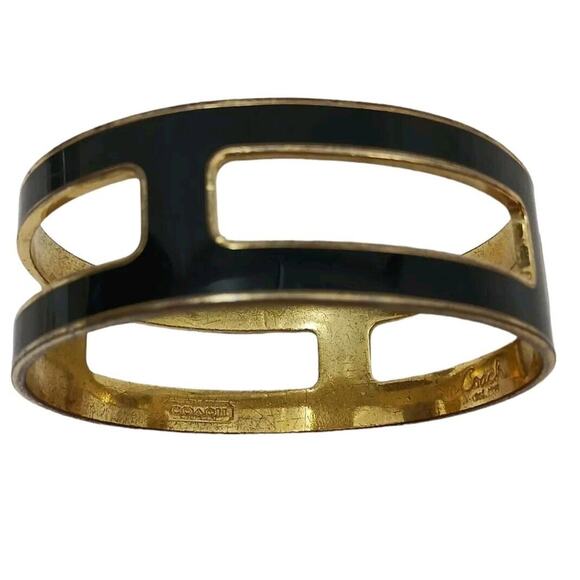 Y2K COACH Cuff Bracelet S/M BLACK GOLD Square Cut Out Modern Designer Rare VNTG - Picture 1 of 14